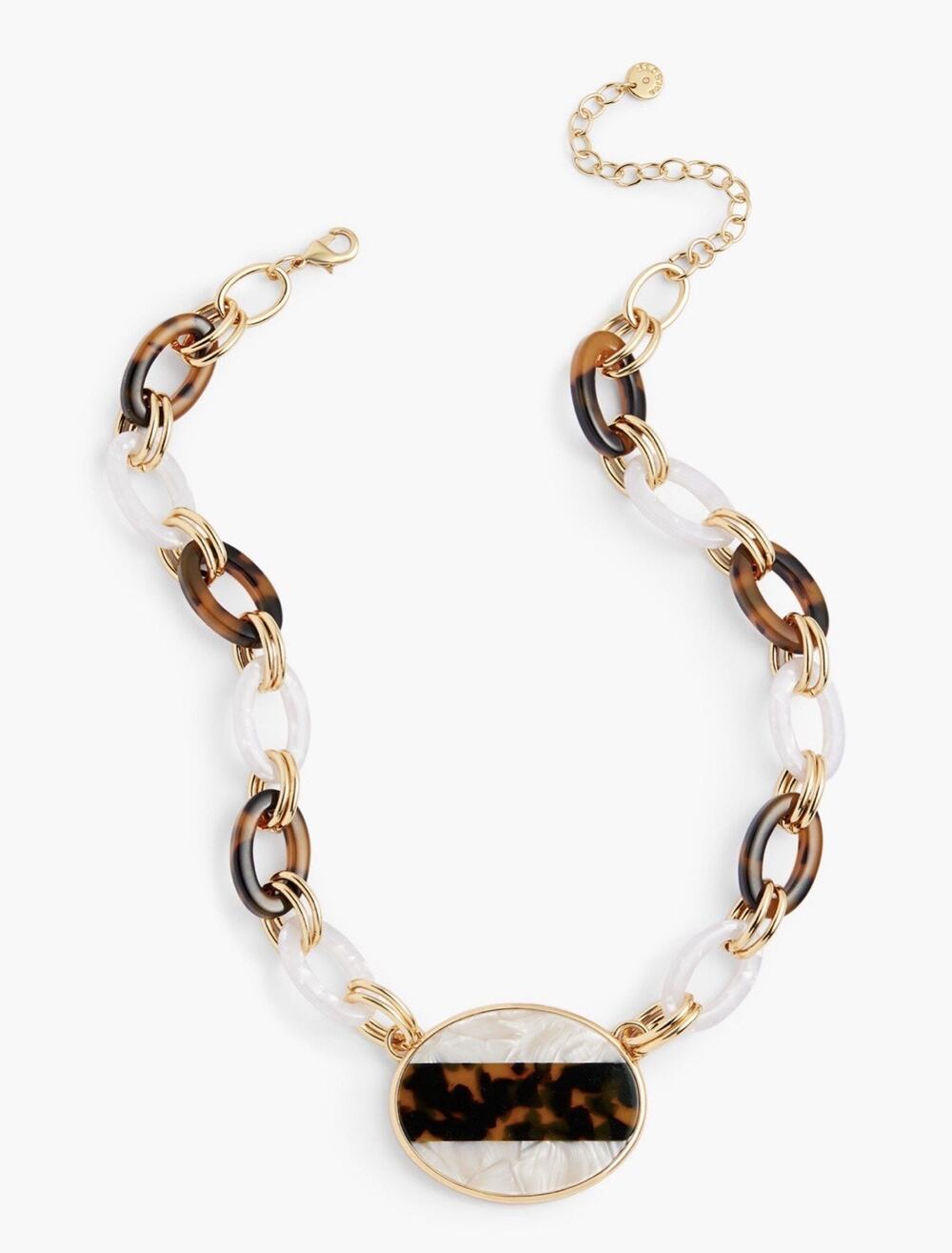 Talbots Gold Tone Faux Tortoise Mother of Pearl Oval Statement Necklace 19-22"